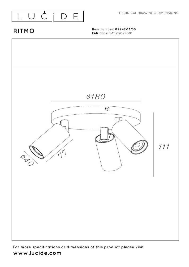 Lucide RITMO - Ceiling spotlight - Ø 18 cm - 3xGU10 (MR11) - Black